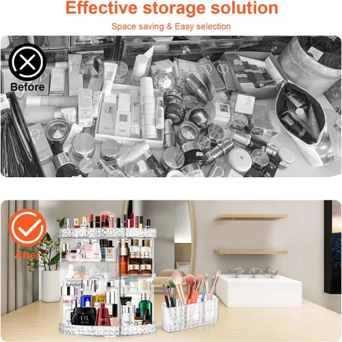 Miniatura 4 de Organizador de maquillaje giratorio de 360 grados para tocador + soporte para brochas de maquillaje, organizador de perfumes con 6 capas ajustables