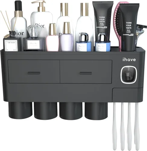 Miniatura 3 de iHave Portacepillos de dientes para baños, 4 tazas de soporte para cepillos de dientes montado en la pared con dispensador de pasta de dientes, Negro