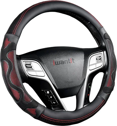 Miniatura 3 de Iwantit® Funda para volante con diseño de panal 3D antideslizante y telas transpirables, universal de 14.5-15 pulgadas (rojo/negro)