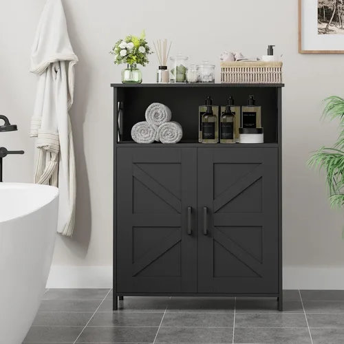 Miniatura 2 de Homhedy Armario de almacenamiento de baño con 2 puertas, gabinete de papel higiénico con estante ajustable, gabinete de baño pequeño para Negro