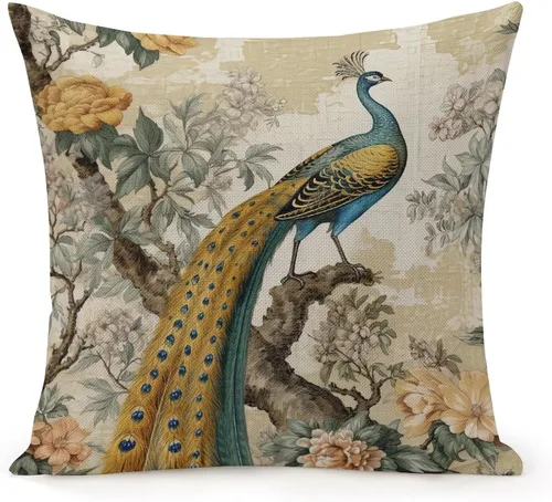Miniatura 7 de Fundas de almohada chinoiserie verde turquesa floral y pájaro con cremallera de 16 x 16 pulgadas, fundas de almohada de lino para sofá, dormitorio