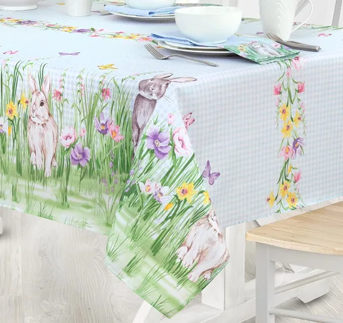 Miniatura 8 de Manteles Newbridge con diseño de Pascua, primavera, prado y conejos bordados, adorable tela de mantel con conejos y de color azul, con estampado a
