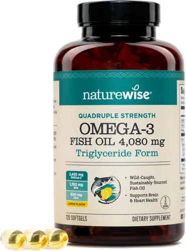 NatureWise Aceite de pescado Omega 3 de fuerza cuádruple, 4080 mg, forma natural TG + capturado en estado salvaje, 2450 mg Omega 3 + 1350 mg EPA 900