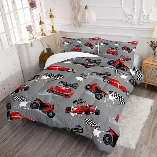 Miniatura 2 de Juego de edredón para niños Axolotl, tamaño individual, juego de ropa de cama con diseño de autos de carreras para niños, niñas, adolescentes