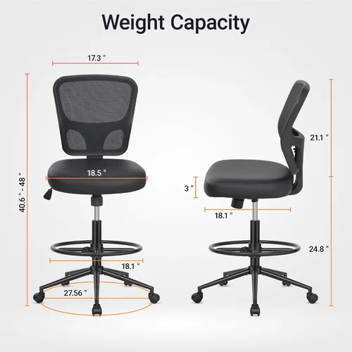Miniatura 3 de HYLONE Silla de oficina sin brazos con reposapiés, silla de escritorio giratoria de piel sintética, silla de dibujo de altura ajustable para oficina