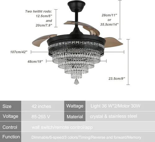 Miniatura 4 de Candelabro negro de 42 pulgadas con luz LED moderno ventilador de techo de cristal con luz regulable, lámpara LED invisible 3 en 1 color con función