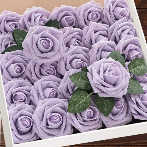 Higfra Flores artificiales, 25 unidades, rosas falsas de espuma de color lila de aspecto real con tallos para ramos de boda, centros de mesa de