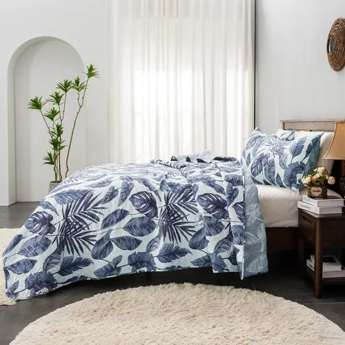 Miniatura 6 de HORIMOTE HOME Juego de edredón de plantas tropicales, tamaño individual, 2 piezas, hojas de palma azul, estilo selva, estampado fino, reversible