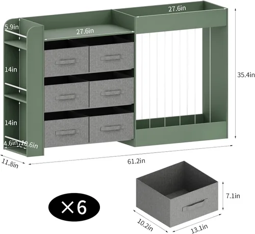 Miniatura 2 de Organizador de almacenamiento de juguetes de 61 pulgadas de ancho con 6 contenedores de almacenamiento, estantería de 3 niveles para niños y soporte