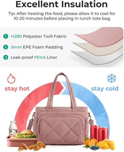 Miniatura 4 de BAGSMART Bolsa de Almuerzo para Mujer, Bolsa de Almuerzo Grande con Aislamiento, Bolsa de Mano Acolchada con Múltiples Bolsillos para Trabajo, Aire