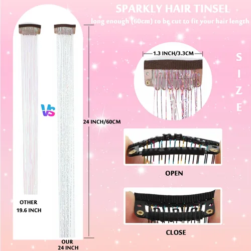 Miniatura 5 de Paquete de 12 extensiones de cabello de oropel con clip, 24 pulgadas, accesorios para el cabello de hada brillante para niñas y mujeres, fiesta