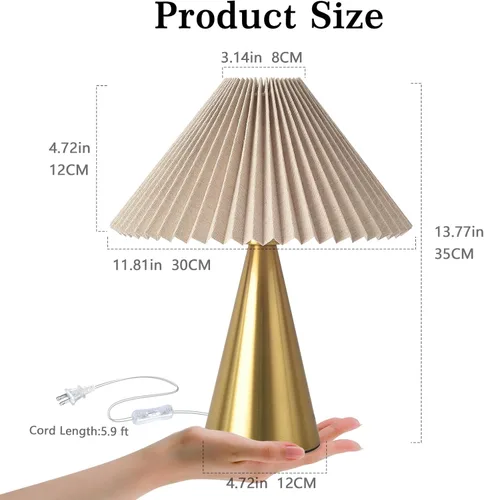 Miniatura 2 de Ziqqeelam Lámpara de Mesa Pequeña Dorada, Lámpara de Mesa Linda, Lámpara de Mesa Plisada, Lámparas de Dormitorio de Latón Dorado para Mesita