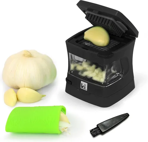 Prensa de ajo Garlic-A-Peel, trituradora, cortador, picadora y contenedor de almacenamiento - Incluye pelador de ajo de silicona - Fácil de limpiar