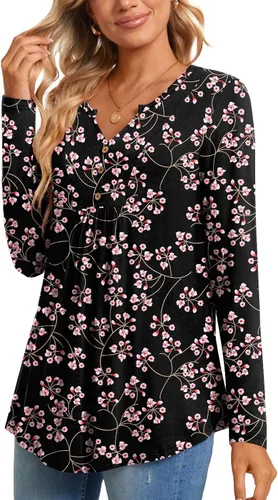 Miniatura 3 de CATHY Blusa tipo túnica de manga larga para mujer, cuello en V, con botones, informal, plisada, básica