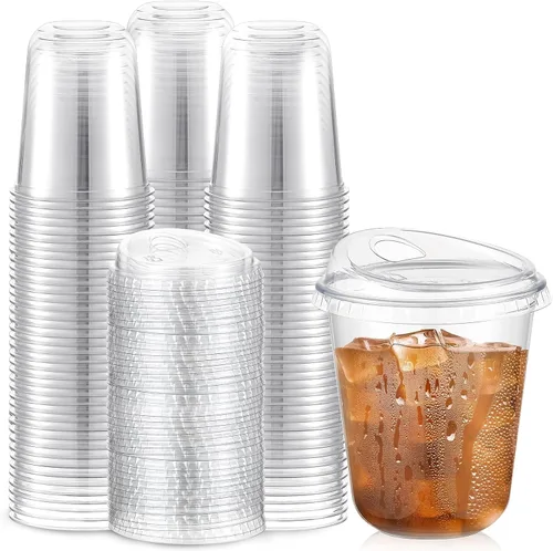 Miniatura 17 de Baderke 100 Vasos de Plástico con Tapas para Sorber Fondo Redondo Vasos de Café de Plástico Desechables con Tapas Tazas de Cristal Transparentes sin
