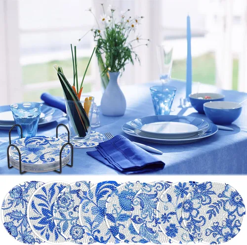 Miniatura 6 de Juego de posavasos con diseño de diamantes de flores azules, posavasos de diamante acrílico 5D con base de corcho y soporte para adultos, 8