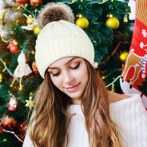 Miniatura 5 de Livingston Gorro de punto suave de invierno para mujer con pompón de piel sintética