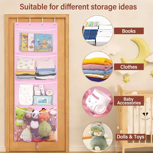 Miniatura 6 de Woodoulogy Almacenamiento Colgante de Animales de Peluche, Organizador Grande de Juguetes de Felpa Sobre la Puerta con Gancho de Metal, Idea de Rosa