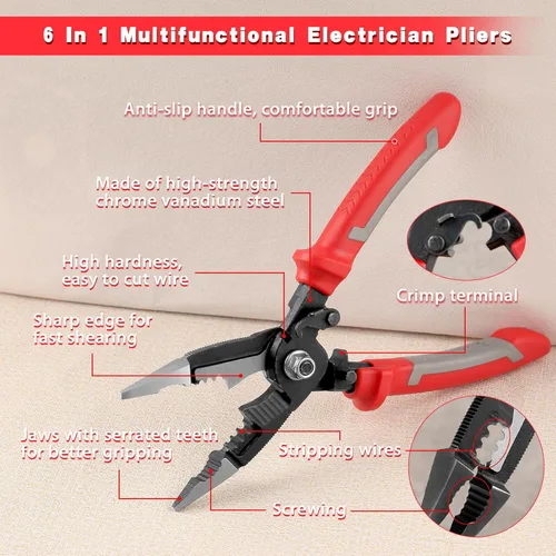 Miniatura 2 de Alicates multifuncionales 6 en 1 para electricista de 8 pulgadas, alicates de punta larga con pelacables, cortador de aguja, alicates de nariz