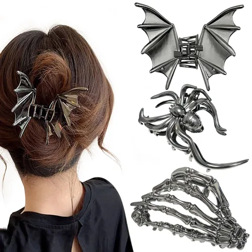 Miniatura 8 de Parcce 3 pinzas góticas para el cabello para mujer, pinzas de mano de esqueleto de murciélago negro metálico, accesorios de cabello de Halloween
