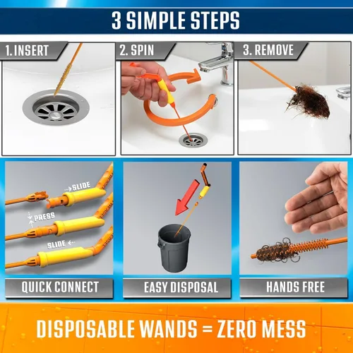 Miniatura 3 de Comadreja de drenaje pelo herramienta con 2 unidades desechables wands principiante kit para limpieza de drenaje, DWPSK5A