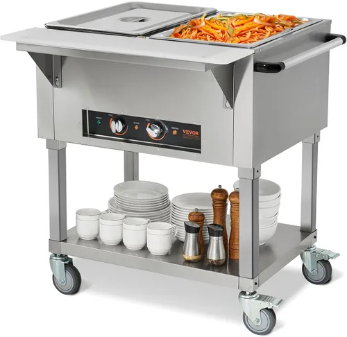 VEVOR - Calentador de alimentos eléctrico comercial, mesa de vapor de 3 ollas, calentador de alimentos 0-100℃ con 2 ruedas con cerradura, material