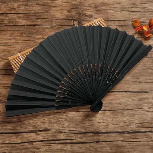 Miniatura 3 de Abanicos plegables de bambú blanco con tela de seda, perfectos para decoración de bricolaje, bodas, fiestas y bailes de verano (negro)