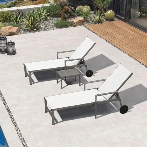 Miniatura 46 de PURPLE LEAF Juego de tumbonas para exteriores para 2 sillas de piscina de gran tamaño con ruedas fáciles de mover y respaldo ajustable, tumbonas