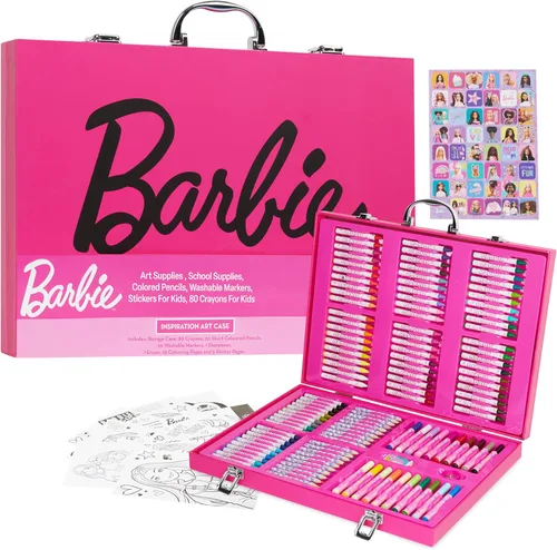 Barbie - Set de suministros de arte con lápices de colores para niños, 130+ piezas, marcadores para colorear, lápices de dibujo para niñas,