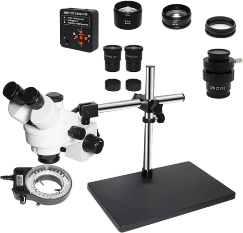 Miniatura 7 de Kit de accesorios para microscopio 3.5X-90X simulocal Trinocular estéreo Microscopio con soporte de brazo doble ajustable de 360 soportes 5 X C