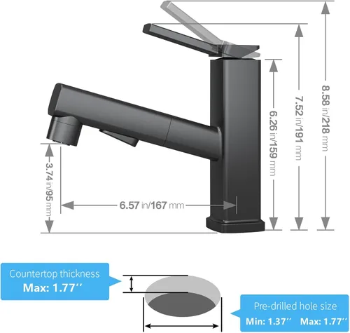 Miniatura 5 de HANLIAN Grifo de un solo agujero extraíble para lavabo de baño, grifo de lavabo negro para baño, grifo moderno de un solo mango para baño