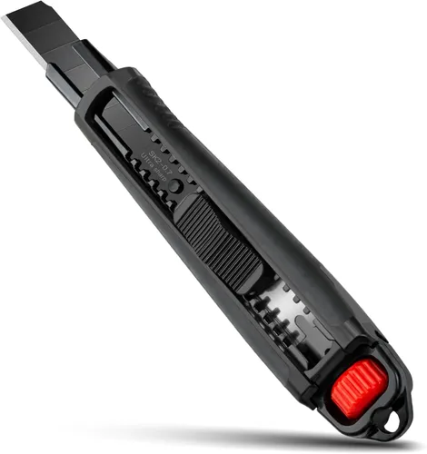 HAUTMEC Cuchillo utilitario resistente de 0.709 in, cortador de caja con mecanismo de bloqueo doble, bloqueo automático y bloqueo de trinquete, hoja