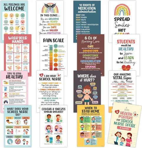 Decorably 15 pósteres de salud para decoración de oficina de enfermera escolar, 11x17 pulgadas laminados mate, decoraciones educativas para oficina