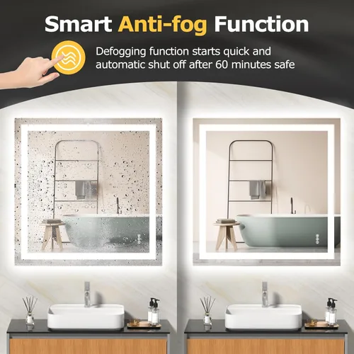 Miniatura 3 de Hivone 36x36 Espejo de baño LED con luces, antiempañamiento, regulable, retroiluminado + iluminación frontal, espejo de tocador de baño inteligente