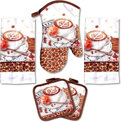 Juego de toallas de cocina Café Latte de 5 piezas – Guante acolchado para horno y 2 agarraderas, perfecto para los amantes del café