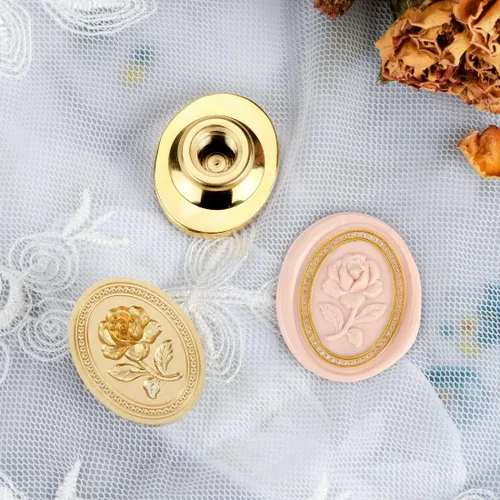 Miniatura 3 de Sello de cera - Flor de rosa en relieve, cabeza ovalada de latón con mango de madera