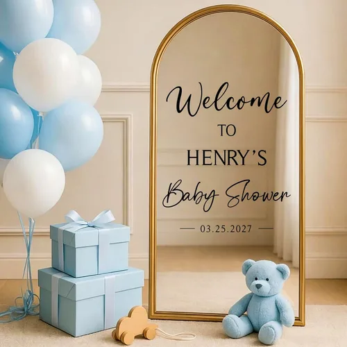 Miniatura 6 de JarThenaAMCS 7 calcomanías de espejo de baby shower, letrero de bienvenida, nombre de bricolaje, fecha, letras extraíbles, calcomanías de pared