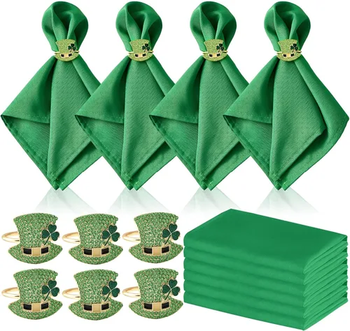Juego de 12 servilleteros del día de San Patricio y servilletas de tela del día de San Patricio, servilleteros de metal, juego de 6 y 6 servilletas