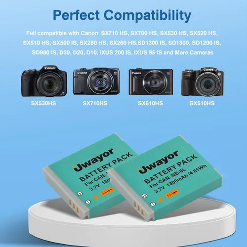 Miniatura 2 de Paquete de 2 baterías y cargador NB-6L NB-6LH para Canon PowerShot SX540 HS, SX530 HS, SX520 HS, SX510 HS, SX500 is, SX700 HS, SX710 HS, SX610 HS