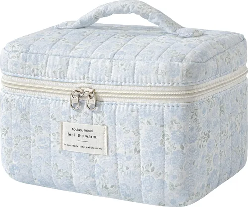 Miniatura 17 de HBselect Bolsa de Maquillaje Acolchada, Bolsa de Maquillaje Grande de Algodón para Viaje, Lindas Bolsas de Maquillaje con Flores Coquette, Bolsas