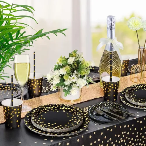 Miniatura 6 de Paquete de 50 platos de papel negros y dorados, 7 pulgadas, metálicos con lunares de papel de aluminio, desechables, platos de postre para fiestas