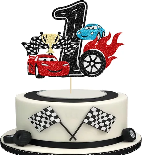 Ephlyn 1 pieza de decoración para tarta de primer cumpleaños de coche de carreras con purpurina, decoración de tarta 1er cumpleaños para bandera a