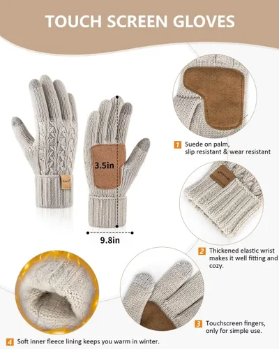 Miniatura 3 de Conjunto de gorro y bufanda para mujer, gorro de invierno con forro polar con pompones, bufanda de punto larga, guantes para pantalla táctil