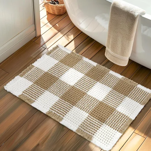 Miniatura 7 de Arenarug Tapete de baño de punto gofre a cuadros, súper absorbente, bohemio, antideslizante, lavable, ultra suave, con borlas, para suelo de baño