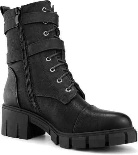 Miniatura 2 de Tobfis Botas de combate para mujer con hebilla lateral y tacón grueso, Negro, 0