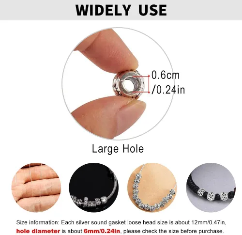 Miniatura 6 de 40 piezas de cuentas espaciadoras de tubo metálico para fabricación de joyería, cuentas de paracord de agujero grande plateadas, cuentas