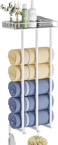 Ovicar Toalleros para baño – Almacenamiento de toallas enrolladas montadas en la pared con estante de metal y 3 ganchos, 3 barras de pared para baño