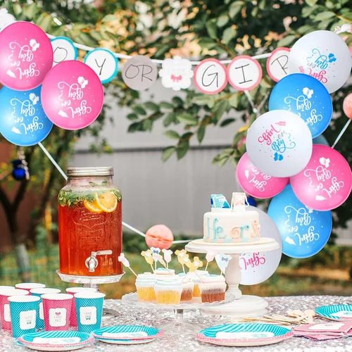 Miniatura 7 de 60 globos de revelación de género para niñas o niños, globos de látex para fiesta de revelación en blanco, rosa y azul, suministros para decoración