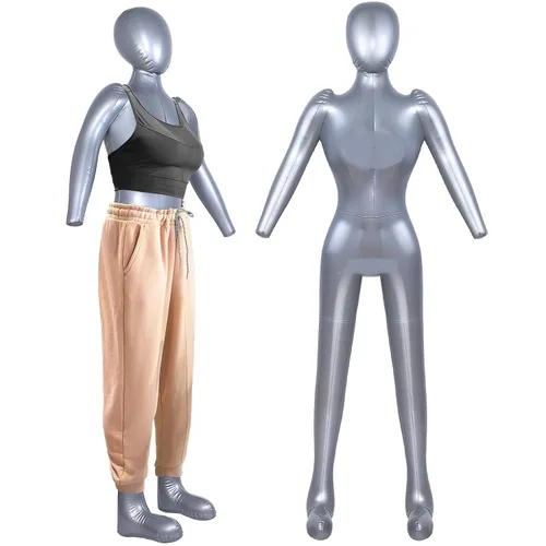 Vestido de maniquí inflable de cuerpo completo de 2 piezas, modelo simulado de torso, cuerpo de maniquí plateado, vestido de PVC con brazos y