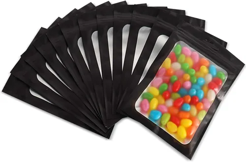 100 bolsas de Mylar resellables, a prueba de olores, con ventana transparente; bolsa de papel aluminio, plana, con cierre resellable.